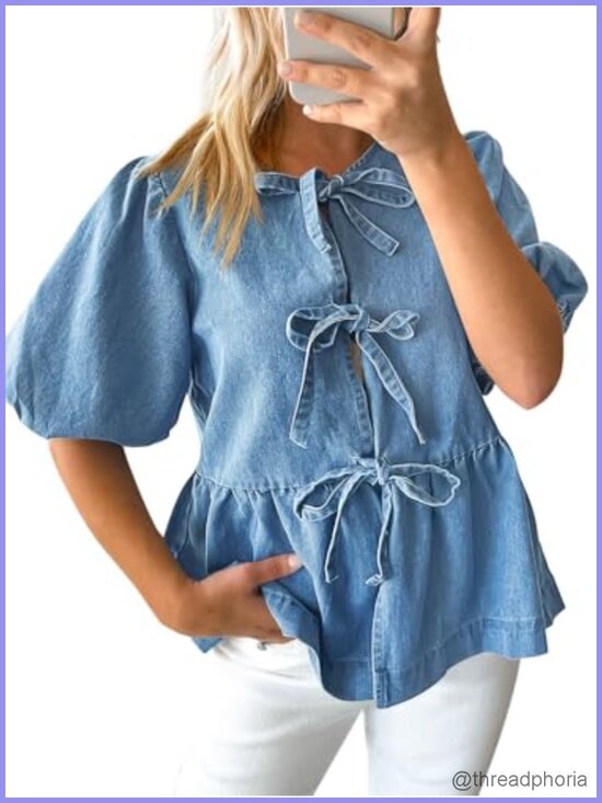 Tops - Denim Babydoll Peplum Blouse Puff Sleeve Tie Front Women